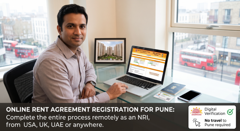A smiling NRI man sits at a modern desk by a window with a London street view, navigating the Maharashtra government's eRegistration portal on his laptop to register a Pune rent agreement. An Indian passport, Aadhaar card, and mobile phone rest on the desk beside him.