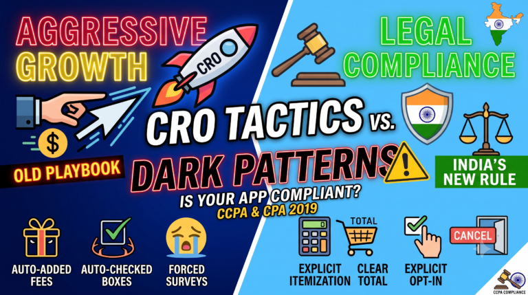 Digital compliance guide illustration depicting transparent mobile app checkout interfaces and legal scales of justice for Indian digital businesses under the CCPA Dark Patterns Guidelines.