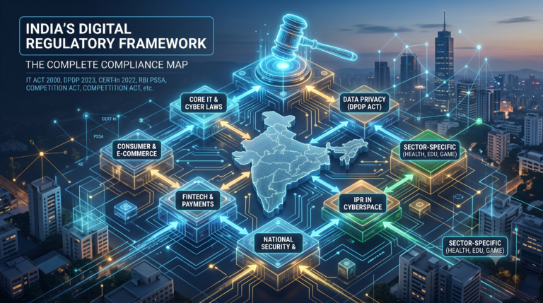A detailed infographic and digital map of India visualizing "India's Digital Regulatory Framework" and "The Complete Compliance Map." The image features multiple glowing blue and green data blocks connected by arrows, representing different regulatory areas such as "CORE IT & CYBER LAWS," "DATA PRIVACY (DPDP ACT)," "CONSUMER & E-COMMERCE," "FINTECH & PAYMENTS," "NATIONAL SECURITY," "IPR IN CYBERSPACE," and "SECTOR-SPECIFIC (HEALTH, EDU, GAME)." A large digital gavel sits at the top center, and several specific Indian statutes are listed, including IT ACT 2000, DPDP 2023, CERT-In 2022, and RBI PSSA. The entire infographic has a futuristic data visualization style over a city skyline at night.