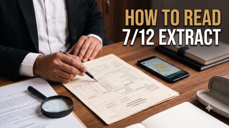 A property lawyer in Pune reviewing a 7/12 extract (Satbara Utara) document on a desk, with overlay text "HOW TO READ 7/12 EXTRACT"